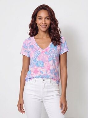 🔥🔥🆕💕🌴LILLY PULITZER🌴ETTA V-NECK TOP/PINK ISLE SNAPPY TURTLE